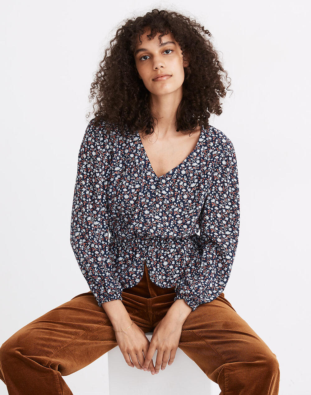 Madewell Silk Button Front Peplum Top Harvest Vine Small Long Sleeve Blouse Boho - Picture 1 of 5